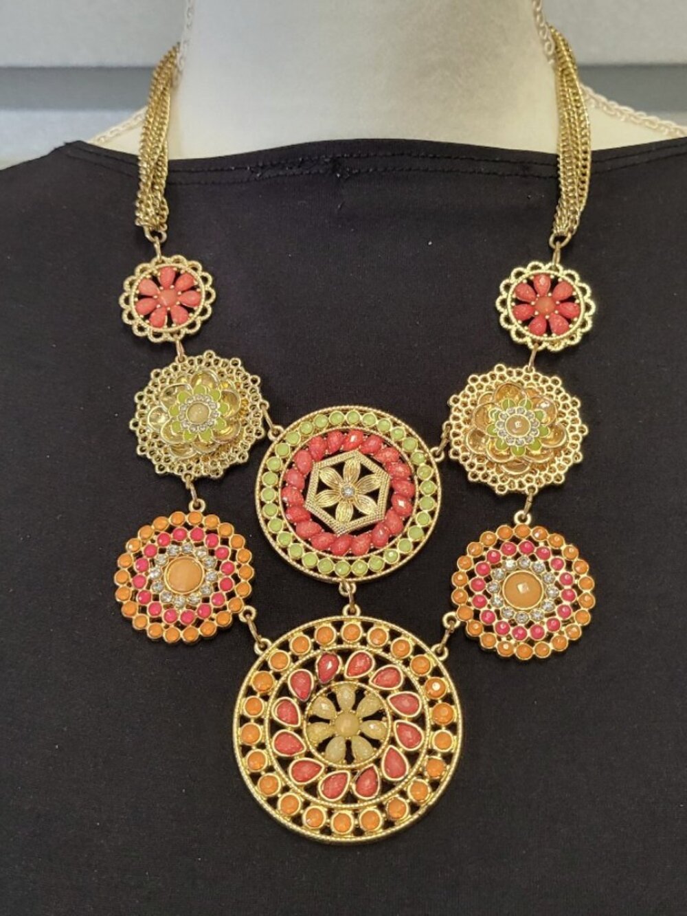 Vintage Mexican Bib Cascade Beaded Pendant Chain Necklace Orange Gold Green Red